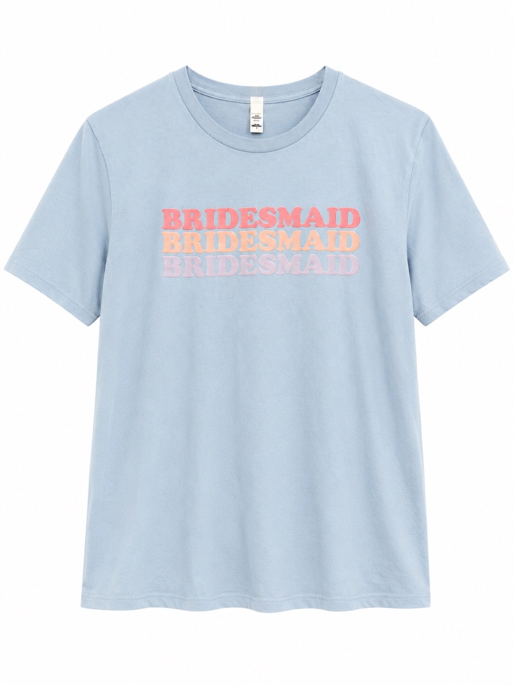 Bella Canvas Light Blue Bridesmaid Tee with Pink, Orange & Lavender Text